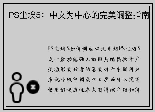 PS尘埃5：中文为中心的完美调整指南